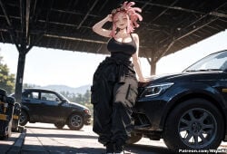 1girl ai_assisted ai_generated bare_shoulders boku_no_hero_academia breasts cleavage clothes_around_waist curvaceous curvy curvy_female curvy_figure female goggles goggles_on_head ground_vehicle large_breasts long_hair looking_at_viewer mei_hatsume miyuai motor_vehicle my_hero_academia open_mouth pink_hair ponytail smile solo standing tank_top thick thick_ass thick_butt thick_hips thick_legs thick_thighs voluptuous voluptuous_female wide_hips wide_thighs