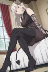1boy 1girl 2.5_jigen_no_ririsa absurdres adult ai_assisted ai_generated bare_shoulders big_breasts black_footwear black_gloves boots breasts crossed_legs curtains demon_girl demon_horns demon_tail elbow_gloves female gloves hanyuu_mayuri heeven high_heel_boots high_heels highres horns indoors long_hair looking_at_viewer male mature on_bed patreon patreon_username perfect_body pointy_ears red_eyes sensitive sitting smile solo tail thigh_boots thighhighs uncensored white_hair window