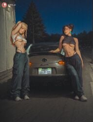 2girls ai_generated aisinful ass aurora ayase_momo barefoot big_ass big_boobs big_butt black_hair blonde_hair blush breasts butt car constellation crop_top dandadan earrings earth_(planet) female galaxy ground_vehicle hi_res hoop_earrings jewelry kitagawa_marin large_breasts long_hair medium_breasts midriff milky_way motor_vehicle multiple_girls navel night night_sky no_bra panties pants planet shirt_lift shooting_star sky snowing space space_craft standing star_(sky) starry_sky starry_sky_print tank_top thick_thighs underboob underwear wide_hips