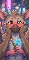 1boy 1girls ai_generated autism autism_symbol autistic autistic_male blue_flower blue_horns brown_wolf cute cute_male feathered_wings feathers female_pov first_person_view male_focus shy_male straight trico trico_(character) trico_(species) trico_(the_last_guardian) wolf wolf_girl