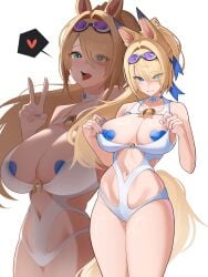 1girl animal_ears blonde_hair breasts choker commentary eyes_visible_through_hair goggles goggles_on_head green_eyes hair_intakes hair_over_one_eye heart heart_pasties highres horse_ears horse_girl horse_tail large_breasts multiple_views navel official_alternate_costume one-piece_swimsuit open_mouth pasties ponytail purple-tinted_eyewear sigrid_de_l'azur simple_background smile swim_goggles swimsuit tail tinted_eyewear tongue tongue_out v white_background white_one-piece_swimsuit zenless_zone_zero