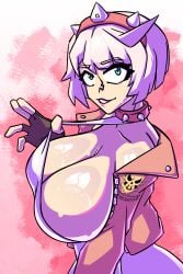 absurd_res ahoge arc_system_works boobs boobs_bigger_than_head breasts breasts_bigger_than_head clothes_lift clothes_pull collar elphelt_valentine exposed_shoulders fingerless_gloves flickadawrisk gloves guilty_gear guilty_gear_strive headband hi_res jacket jacket_off_shoulders jacket_partially_removed looking_at_viewer pinup pulling_clothing pulling_own_clothes side_boob sideboob smile smiling smiling_at_viewer solo solo_female sweat sweatdrop sweating sweaty sweaty_body sweaty_breasts tight_clothing waving waving_at_viewer wet wet_body wet_breasts wet_skin white_hair
