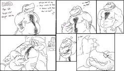 >:3 age_difference alligator animal_genitalia beard bed bedroom belly belly_hair body_hair chest_hair claws comic crocodilian duo english_text erection eyewear facial_hair father father_and_son gator_(artist) genital_slit glasses happy_trail heart incest kissing licking male mature_male nipples older_male parent reptile scalie size_difference slit son text tongue tongue_out yaoi