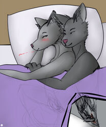 2014 anthro bed blush canine closed_eyes colored comic couple covering cuddling dominion69 female fingering fluffy_ears fur grey_fur handjob male mammal morning pillow reach_around romantic sleeping snout spooning teasing were werewolf