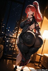 1girl ai_assisted ai_generated ass back bangs bare_shoulders blush bodysuit breasts curvaceous curvy curvy_female curvy_figure dress earrings female from_behind gloves hair_ornament high_heels indoors jewelry large_breasts long_hair looking_at_viewer looking_back miyuai night night_sky ponytail red_hair sky smile solo thick thick_ass thick_butt thick_hips thick_legs thick_thighs thighs voluptuous voluptuous_female wide_hips wide_thighs wuthering_waves yinlin_(wuthering_waves)