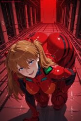 1girl :d ai_generated ass asuka_langley_soryu bangs blue_eyes blush bodysuit breasts hair_between_eyes hair_ornament hi_res high_quality high_resolution kiraamane long_hair looking_at_viewer medium_breasts multicolored_clothes neon_genesis_evangelion open_mouth orange_hair patreon plugsuit red_bodysuit seductive sexy smile solo souryuu_asuka_langley tile_floor tiles uncensored watermark