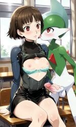 ai_generated brown_eyes brown_hair crossover erection erureido gallade handjob holding_penis interspecies makoto_niijima nipples penis persona_5 petite_female pokemon pokemon_(species) red_eyes school short_hair small_breasts