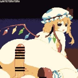 1boy 1girl animated animated_gif artist_name ass bar_censor blonde_hair bow brown_bow brown_eyes brown_shoes censored commentary_request cowgirl cowgirl_position crystal crystal_wings edit edited erection fan_edit flandre_scarlet gif girl_on_top half-closed_eyes hat hat_bow multicolored_wings naked_shoes nude one_side_up open_mouth penis pixel_animation pixel_art shoes smug socks solo_focus straddling teasing touhou white_hat white_socks whitetoratora wings