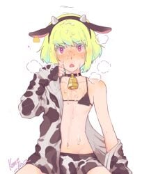 1boy 1femboy after_sex androgynous bell_collar bikini bikini_top blonde_hair blush blushing bob_cut bulge collar costume cow_costume cow_ears cow_horns cow_print cowbell crossdressing cum cum_drip cum_on_face embarrassed fake_animal_ears femboy femboy_only feminine_faced_male feminine_male lio_fotia minishorts nervous petite petite_body petite_male promare short_hair short_male shy slim slim_male slim_waist solo thin_waist twink