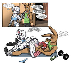 abs anthro big_breasts blue_eyes bottomless breasts canine clothed clothing comic dal_(joelasko) dalmatian dialogue domination duo english_text exercise female femdom furry gloves hair half-dressed lagomorph male mammal muscles muscular_female on_top penetration penis rabbit rabies-t-lagomorph rabies_(rabies) reverse_cowgirl_position sex shirt shorts spots straight tank_top text vaginal_penetration weights white_hair workout