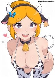1girl ai_generated animal_ears animal_print artist_name bell bikini blonde_hair brawl_stars breasts cow_ears cow_horns cow_print cow_print_bikini cow_print_thighhighs cowbell fake_animal_ears fake_horns front_view hairband hanging_breasts heart horns kimonobs large_breasts light_blush looking_at_viewer neck_bell open_mouth piper_(brawl_stars) print_bikini print_thighhighs purple_eyes shiny_skin simple_background skindentation smile solo supercell swimsuit tagme teeth thighhighs upper_teeth_only white_background
