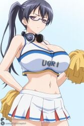 1female 1girl 1girls 2026 ai_generated artist_name big_ass big_breasts black_hair blush breasts cheerleader cleavage crop_top curvy eroge!_h_mo_game_mo_kaihatsu_zanmai glasses gradient_background headphones headphones_around_neck hi_res high_quality high_resolution highres huge_ass huge_breasts kosaka_iori large_breasts long_hair looking_at_viewer midriff navel panties pantyshot patreon patreon_username pink_panties pleated_skirt pom_pom_(cheerleading) red_eyes side_ponytail skirt solo underwear unjobdespiert watermark