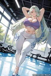 1girl ai_assisted ai_generated armpits arms_behind_head arms_up breasts cleavage curvaceous curvy curvy_female curvy_figure female gym huge_breasts long_hair looking_at_viewer melony_(pokemon) miyuai navel one_eye_closed pokemon silver_hair smile solo sweat thick thick_ass thick_butt thick_hips thick_legs thick_thighs thighs voluptuous voluptuous_female wide_hips wide_thighs