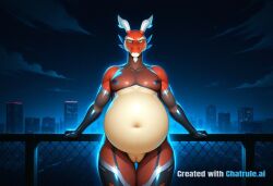1boy ai_assisted ai_generated anthro armor bare_shoulders beard big_belly big_eyebrows black_bodysuit blue_eyes city cityscape clouds colored_sclera cowboy_shot crotchless curvy dark_theme detailed detailed_pussy dragon dynamic_lighting elbow_gloves fat fishnets gloves high_contrast kagami_hirotaka koukawa_oboro looking_at_viewer male mature_male neon_lights night night_sky outdoors red_skin soft_shading taimanin_asagi_zero taimanin_suit thigh_gap unibrow valoo visible_pussy white_eyebrows white_horns yellow_sclera