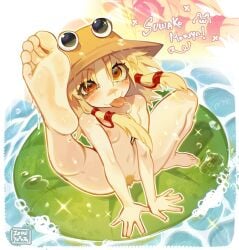 blonde_hair dialogue feet hairy hairy_pussy hat moriya_suwako orange_eyes soles straw_hat tagme tongue tongue_out water watermark zoruyoung