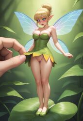 1boy 1girls ai_generated blonde_hair blue_eyes disney dress dress_lift fairy fairy_wings hair_bun larger_male micro_female no_panties peter_pan_(disney) tagme tinker_bell