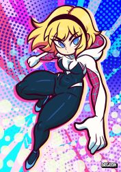 athletic athletic_female ballet_slippers blonde blonde_female blonde_hair blue_eyes breasts deleon eyebrows eyebrows_visible_through_hair eyelashes ghost_spider gwen_stacy gwen_stacy_(spider-verse) hair hair_ornament hairband hips hoodie shoulder_length_hair spandex spider-gwen spider-man_(series) thick_thighs