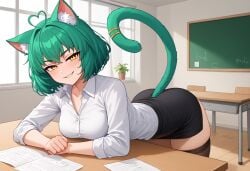 1girl ai_generated blush catgirl girl_dm green_hair indie_virtual_youtuber leaning_forward medium_breasts pencil_skirt school school_desk tagme teacher virtual_youtuber vtuber white_shirt