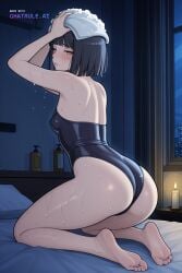 1girl ai_assisted ai_generated all_fours anime_screenshot barefoot candle_light candles covered_erect_nipples dark_room half_closed_eyes highres hinata hotel_room leotard looking_at_viewer looking_back_at_viewer night on_all_fours on_bed parted_lips shower shy small_ass small_breasts soles solo viewed_from_behind window