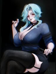 1girl big_breasts blue_hair busty busty_female cleavage crossed_legs dottore_(genshin_impact) female female_focus female_only femdom garter_straps genderswap_(mtf) genshin_impact large_breasts light-skinned_female light_skin mature_female miniskirt rule_63 sexy_pose short_skirt thick_ass thick_thighs thighhighs voluptuous voluptuous_female