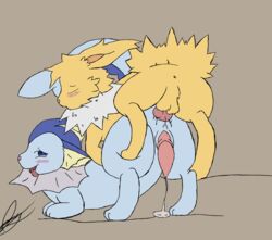 anal anal_sex anus balls barefoot blue_eyes cum eeveelution erection feral feral_on_feral fur gay hair happy interspecies jolteon knot male male_only male_vaporeon marine nintendo no_humans open_mouth paws penetration penis pokémon_(species) pokemon pokemon_(species) sex skyffan smile spread_anus spreading teeth tongue vaporeon video_games