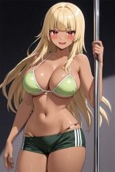 1girl :d ai-created ai_generated arm_at_side bangs bare_arms bare_shoulders bikini bikini_shorts black_shorts blonde_hair blunt_bangs blush bodily_fluids boyshorts breasts busty cameltoe clavicle cleavage clothing dancing dark-skinned_female dark_skin eyebrows female gokukoku_no_brynhildr green_bikini green_shorts green_swimsuit halterneck hand_up high_resolution holding holding_pole large_breasts long_hair looking_at_viewer mole mole_under_eye navel open-mouth_smile open_mouth pole pole_dancing portrait red_eyes rena_aikawa_(pixiv_user) short_shorts shorts skindentation smile solo standing stomach string_bikini stripper stripper_pole sweat swimsuit tachibana_mina_(gokukoku_no_brynhildr) thighs underboob v-shaped_eyebrows very_long_hair