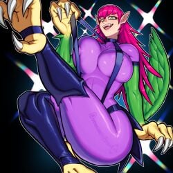big_breasts duel_monster ferrousred green_eyes harpy harpy_lady large_breasts latex pink_hair pulling_clothing sitting skintight skintight_bodysuit sling_bikini smug smug_face squish squished_breasts stirrup_legwear thigh_highs wings yugioh