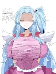 1boy 1girls angela_(lobotomy_corporation) artist_request blue_hair bow breasts breasts_bigger_than_head eyes_closed female hair huge_breasts lobotomy_corporation magical_girl_outfit male netzach netzach_(project_moon) project_moon queen_of_hatred_(cosplay) robot robot_girl robot_humanoid smile smiling