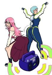 2girls ass ass_in_dress ass_shake big_ass blue_hair bodysuit boombox breasts bubble_butt character_request clothing crouching dress fat_ass female female_only flexing flexing_bicep gluteal_fold huge_ass large_ass looking_at_viewer looking_back lovetopullmicke marriagetoxin motion_lines pink_hair png shaking_ass squatting thick_ass thick_thighs twerking wide_hips