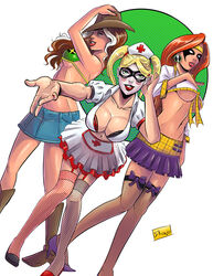 3girls angela angela_(marvel) anna_marie batman_(series) blonde_hair blue_eyes bra bra_cups_sticking_out breasts busty cleavage clown_makeup cowboy_hat crossover dc_comics female female_only garter_straps harley_quinn human human_only image_comics light-skinned_female light_skin lipstick makeup marvel marvel_comics multiple_girls nurse nurse_cap nurse_uniform rogue_(x-men) short_skirt spawn_(series) stockings tied_hair twintails underboob voluptuous x-men