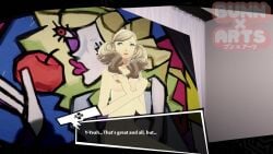 1girls 3d_(artwork) ann_takamaki blonde blonde-haired_female blonde_female blonde_hair blonde_hair_female blue_eyes brown_areola brown_nipples bunnxarts dialogue_box naked naked_female nude nude_female nude_pose persona persona_5 posing_for_picture yellow_hairclip