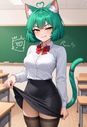 1girl ai_generated catgirl girl_dm green_hair indie_virtual_youtuber leaning_forward medium_breasts pencil_skirt school school_desk skirt_lift tagme teacher virtual_youtuber vtuber white_shirt