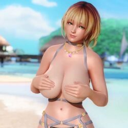 3d animated areolae blonde_hair breasts breasts_out covering covering_breasts dead_or_alive dead_or_alive_5 doahdm exhibitionism exhibitionist huge_breasts meg_(doa) nipples public public_nudity reluctant revealing_breasts short_hair tagme topless video