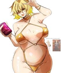 1girl arczaeon arm_up belly bikini breasts breasts_apart can choker don_quixote_(limbus_company) drink_can elegg_(nikke) english_text fang goddess_of_victory:_nikke hair_between_eyes holding holding_can limbus_company medium_breasts o-ring o-ring_bikini open_mouth plump project_moon shiny_skin short_hair skin_fang smile soda_can solo standing sweat swimsuit thigh_gap thigh_strap white_background wide_hips wristband yellow_bikini yellow_choker yellow_eyes