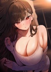 1girls 1other 2026 2d 2d_(artwork) bare_shoulders big_breasts black_hair blue_archive blush boobs breasts clothed clothing color colored digital_media_(artwork) female female_only hair hi_res huge_breasts large_breasts light-skinned_female light_skin long_hair looking_at_viewer lying millennium_science_school_student on_bed point_of_view pov red_eyes rio_(blue_archive) seminar_(blue_archive) tits upper_body video_game_character video_games yuki_(asayuki101)