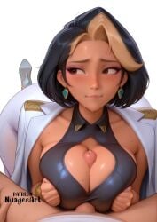 1boy 1girl ai_generated artist_name black_hair blonde_hair blush bracelet breasts breasts_squeezed_together brown_eyes cleavage cleavage_cutout clothing_cutout coat collarbone dark_skin domina earrings explicit heart_cutout hetero high_heels jacket jacket_on_shoulders jewelry large_breasts lips looking_to_the_side male_pubic_hair multicolored_hair nail_polish nuageeart overwatch overwatch_2 paizuri paizuri_under_clothes penis pov pubic_hair short_hair simple_background solo_focus streaked_hair sweat two-tone_hair uncensored vaira_singhania white_background white_coat white_jacket