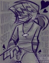 1boy armwear black_and_white bottomless dovernade genderswap gijinka humanization humanized jumpcut! looking_at_viewer male_focus necklace nikki_(jumpcut!) no_pants one_side_up ponytail pubic_hair sharp_teeth solo solo_focus solo_male steam tdick transmasc watermark