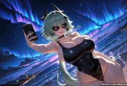 1girl ai_assisted ai_generated bangs beach black_swimsuit breasts caesar_king cellphone city_lights cleavage covered_navel curvaceous curvy curvy_female curvy_figure eyebrows_visible_through_hair female hair_between_eyes highleg highleg_swimsuit holding holding_phone huge_breasts long_hair looking_at_viewer miyuai mountain night night_sky ocean one-piece_swimsuit outdoors phone pool self_shot silver_hair sky smartphone smile solo star_(sky) starry_sky swimsuit thick thick_ass thick_butt thick_hips thick_legs thick_thighs voluptuous voluptuous_female water wet wide_hips wide_thighs yellow_eyes zenless_zone_zero