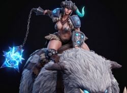 amazon armor armored_female big_breats big_tits bikini bikini_top boar breasts freljord_series hips league_of_legends league_of_legends:_wild_rift mounted muscular_female muscular_thighs sejuani white_hair
