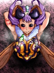 1girls after_oral after_sex armpit_showing arms_behind_back bee_girl big_breasts blowjob_face body_writing capcom corruption cum cum_filled_condom cum_in_mouth cum_on_breasts cumdump darkstalkers facing_viewer insect_girl insect_wings japanese_text oppaotintin pubes q-bee stuck_in_wall sweat wings