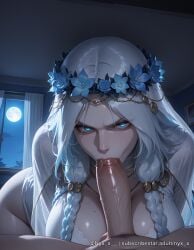 1boy 1girl ai_generated bangs blue_eyes braid breasts cleavage dress elden_ring elden_ring_nightreign explicit fellatio flower full_moon glaring glowing_eyes hair_flower hair_ornament head_wreath hetero indoors large_breasts long_hair looking_at_viewer male_pubic_hair mole mole_on_breast moon night night_sky nyx_x oral parted_bangs penis pov pubic_hair revenant_(nightreign) saliva sky solo_focus twin_braids uncensored white_dress white_hair window