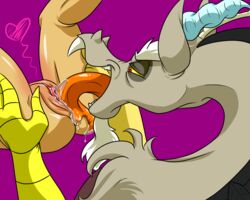 2014 anthro antler ass darthglacier discord_(mlp) dragon drooling female friendship_is_magic fur heart hi_res horn licking looking_down male my_little_pony nude open_mouth pussy raised_leg saliva sharp_teeth squint straight straight_hair teeth tongue tongue_out