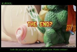ahegao anthro anthro_on_human cape crocodile cum cum_dripping cum_leaking_out_of_penis cum_pool cum_puddle cumflated_belly cumflation excessive_cum inflation jasmine_robotnik jasminerobotnik k_rool king_k._rool klaptrap kremling massive_balls massive_belly massive_breasts massive_penis nipple_penetration nipples scalie text