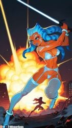 ahsoka_tano ai_generated alien_girl battle breasts high_heels lightsaber lingerie star_wars thighhighs togruta wienergens