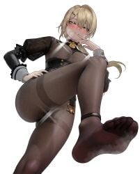 1girls alternate_version_at_source alternate_version_available art_undertaker blonde_hair blush bodystocking breasts censored clothing feet female female_only foot_focus from_below girls'_frontline girls'_frontline_2:_exilium green_eyes heavy_breathing long_hair looking_at_viewer low-angle_view medium_breasts ponytail revealing_clothes sextans_(girls'_frontline_2) soles steam steaming_body stepped_on sweat sweatdrop toes viewed_from_below