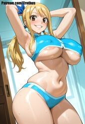 1girl ai_generated areola_slip armpits arms_behind_head arms_up bangs blonde_hair blush breasts brown_eyes covered_nipples erothus fairy_tail grin indoors large_breasts long_hair looking_at_viewer lucy_heartfilia navel shiny_skin smile solo sweat thick_thighs thighs twintails underboob