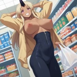 1girl absurd_res ai_assisted ai_generated black_clothing black_leggings blonde_hair cashier dark_skin devious_grin dutch_angle first_person_perspective grocery_store hands_above_head hard_nipples hood_up horns large_breasts looking_at_viewer lustful monster_girl monster_musume perfect_ass pink_eyes pointy_ears posing_for_viewer seductive shopping_bag single_horn smile solo source_anime standing tall_female tight_clothing tionishia white_socks