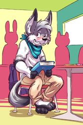 blush bulge canine embarrassed erection furry male male_only mammal public school seaside_(artist) solo wolf