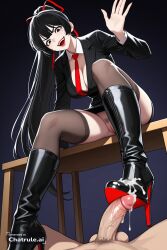 1girl ai_assisted ai_generated bdsm_room below bent_over big_eyes black_eyes black_hair bootjob cleavage cum cum_on_boots cumshot cute_face detailed_face domination dripping eye_contact femdom focus foreshortening from high_heel_boots highly_detailed leaning_forward legs_apart mole_under_eye open_mouth pain