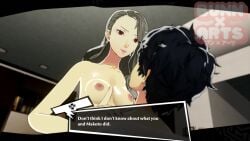 1boy1girl 1girl1boy 3d_(artwork) ashen_hair before_sex black_hair brown_eyes bunnxarts dialogue_box ear_piercing glasses hotel_room looking_at_partner persona persona_5 pink_areola pink_lips pink_nipples ren_amamiya sae_niijima text